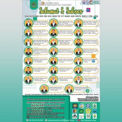 Selamat dan sukses untuk 23 santri MA Bustanul Ulum yang lolos masuk PTN tahun 2022 melalui jalur, SNMPTN, SNMPN dan SPAN-PTKIN